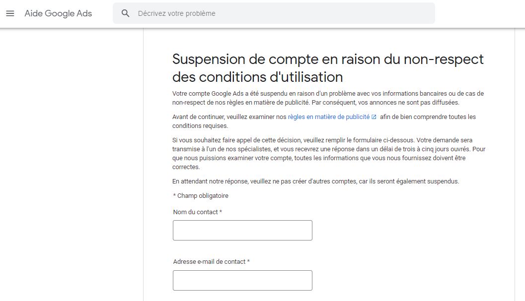 Suspension de compte en raison du non-respect des conditions d'utilisation